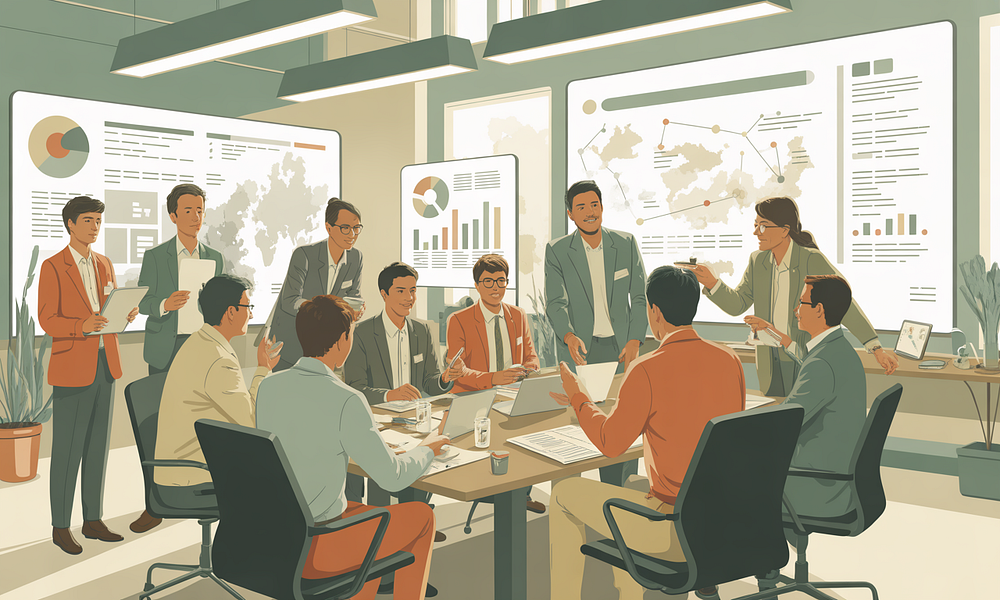 Illustration eines Teams, das in einem hellen Meetingraum gemeinsam auf Insight-Dashboards schaut.