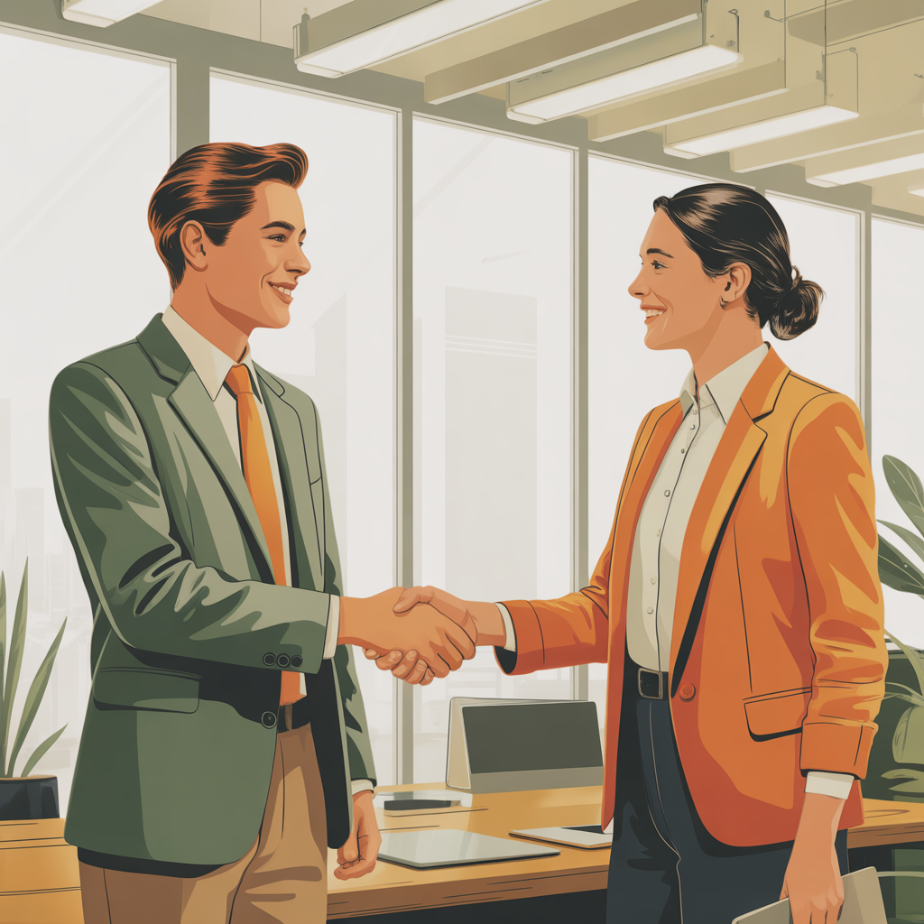 Illustration von zwei Menschen, die sich in einem hellen, modernen Büro die Hand geben.