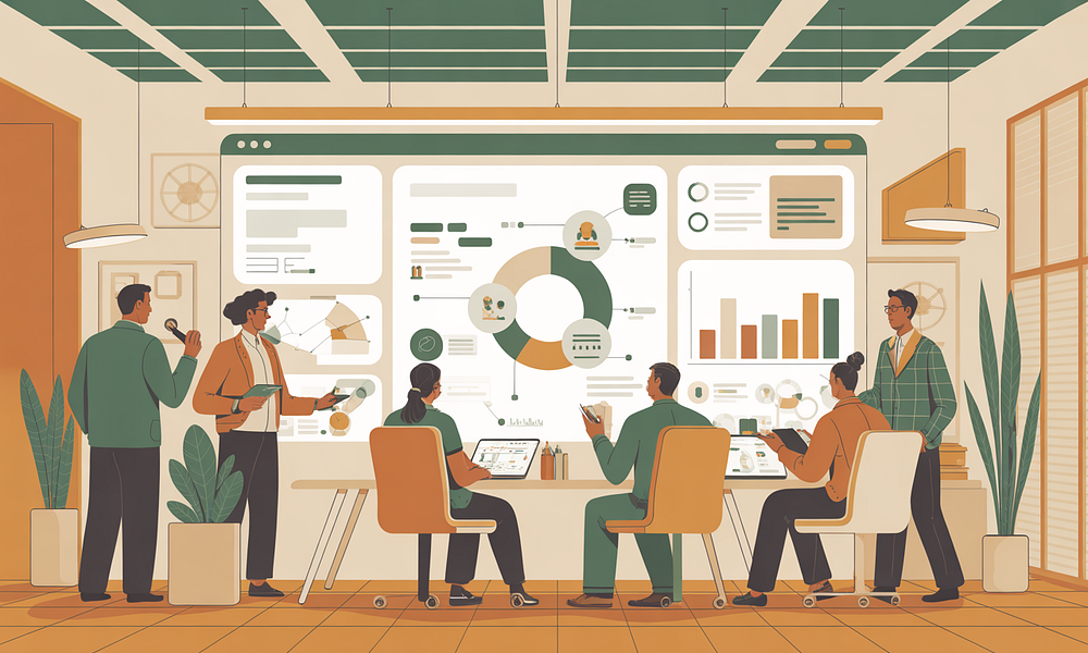 Illustration eines Teams, das Analytics-Dashboards mit geclusterten Community-Erkenntnissen durchgeht.