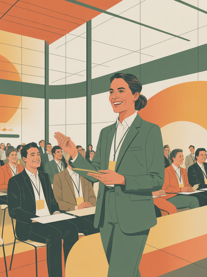 Illustration einer Facilitatorin, die zu einem aufmerksamen, sitzenden Publikum auf einem Event spricht.