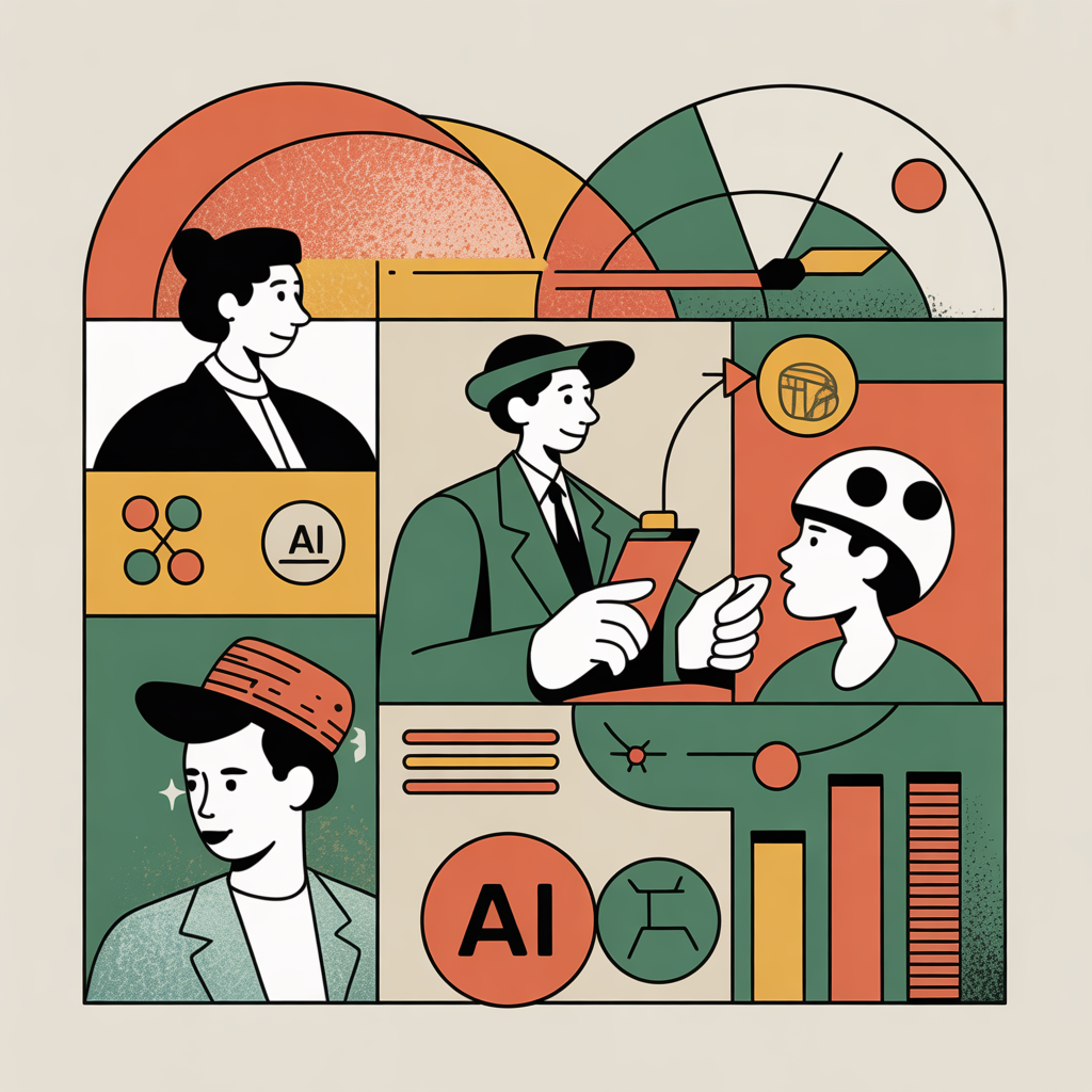 Illustrative collage: facilitators, AI symbols and data visualisations in the warm colour palette of the Lernforum report