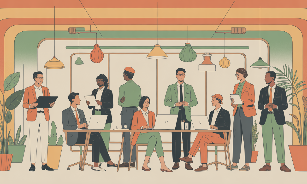 Illustration of a diverse group of facilitators and consultants around a table