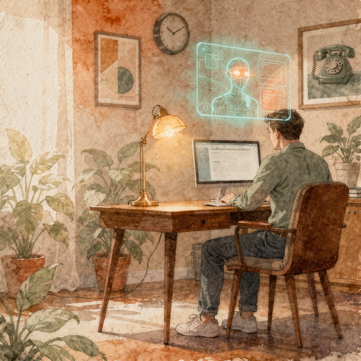 Aquarell-Illustration: Eine Fachkraft am Schreibtisch arbeitet mit einer leuchtenden Voice-KI-Oberfläche, an der Wand ein altes Telefon.
