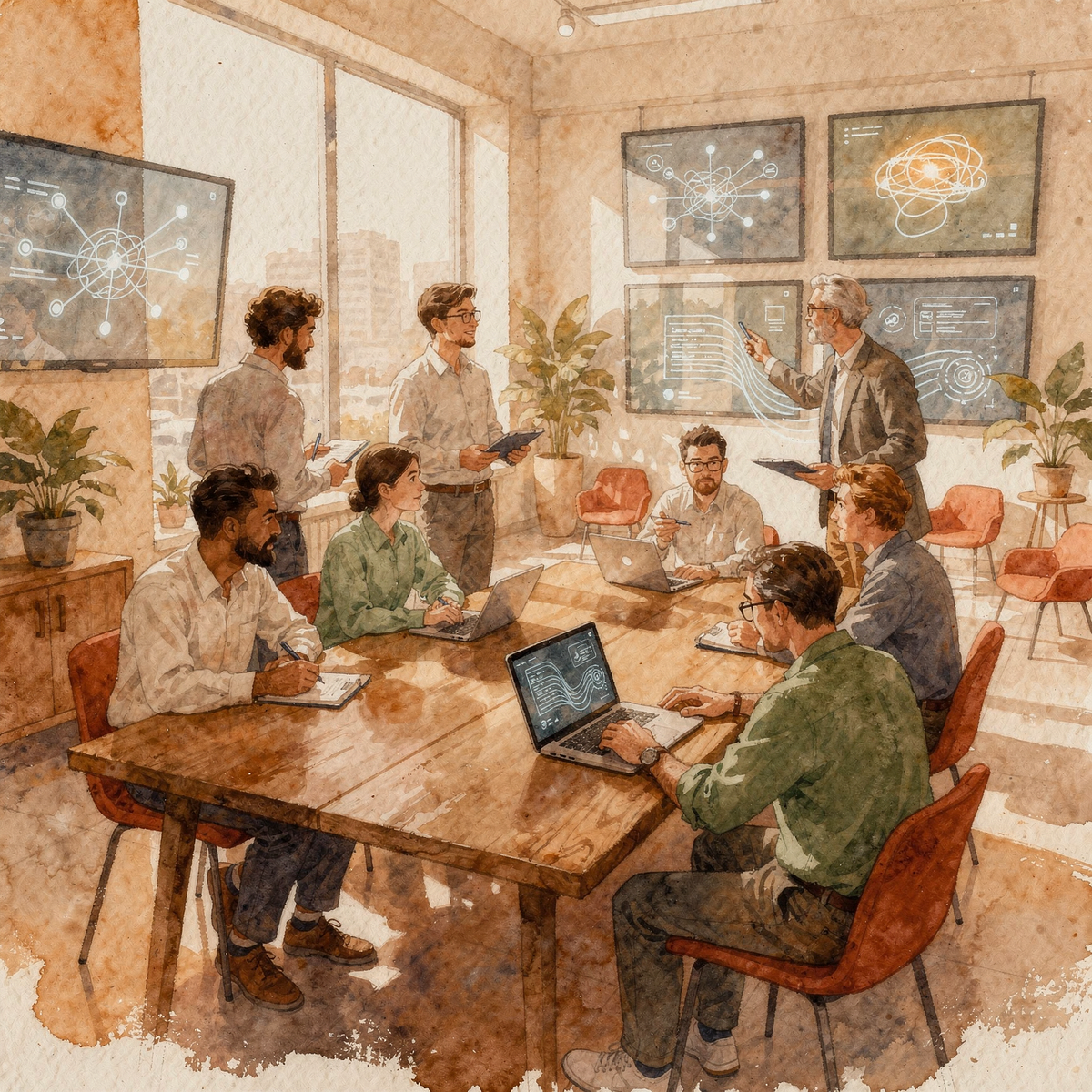 Aquarell-Illustration eines begleiteten Workshops: eine Gruppe am Tisch mit Laptops, während ein Host KI-Diagramme auf Wandbildschirmen präsentiert.
