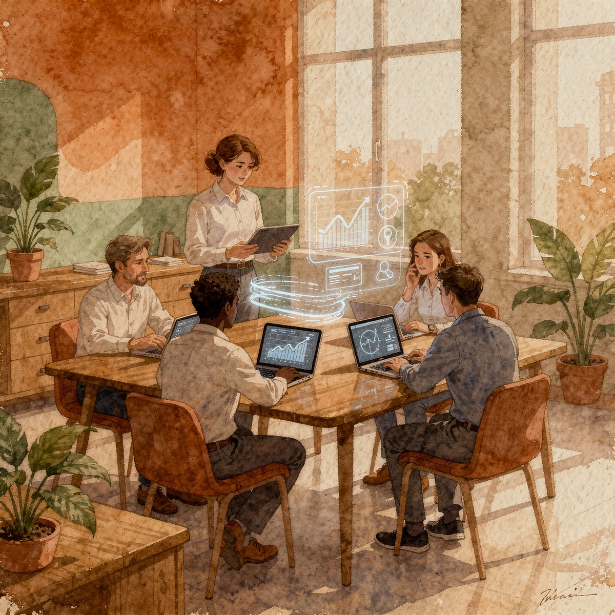 Aquarell-Illustration: Ein Facilitator präsentiert einem kleinen Team an Laptops Live-Auswertungen.