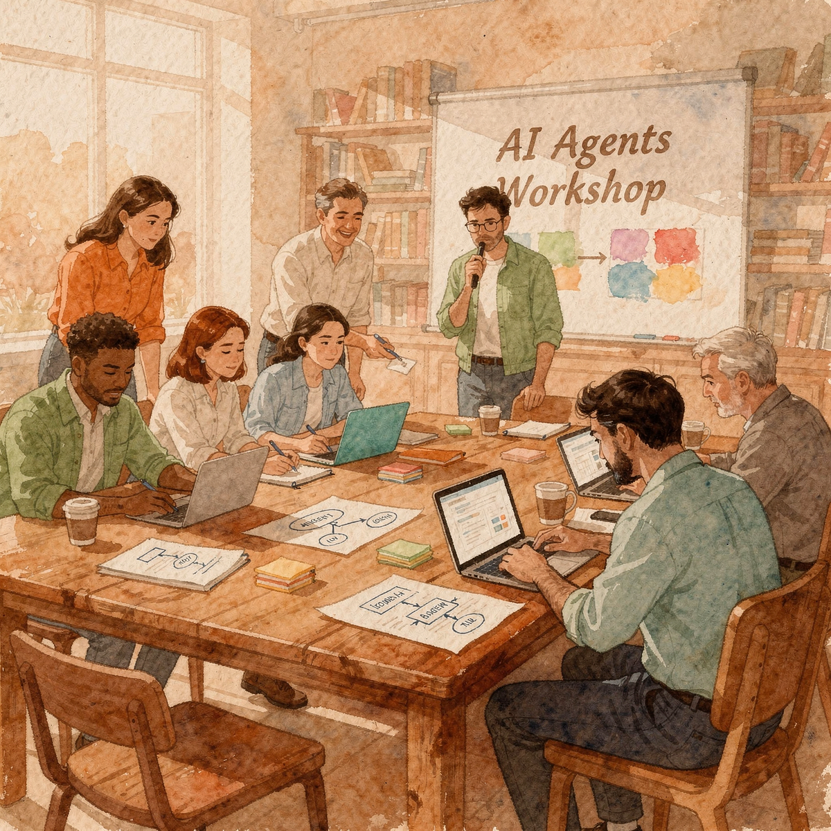 Aquarell-Illustration eines „AI Agents Workshop“ – Teilnehmende bauen an Laptops Agenten, während ein Host facilitiert.