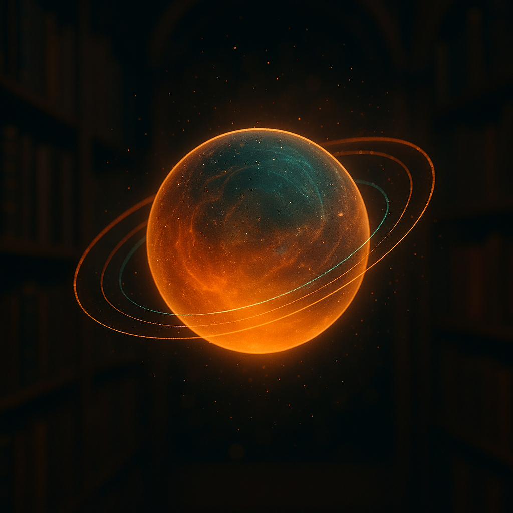 ZuZu — ein leuchtend oranger Planet, umringt von cyanfarbenem Licht, schwebend im Weltraum